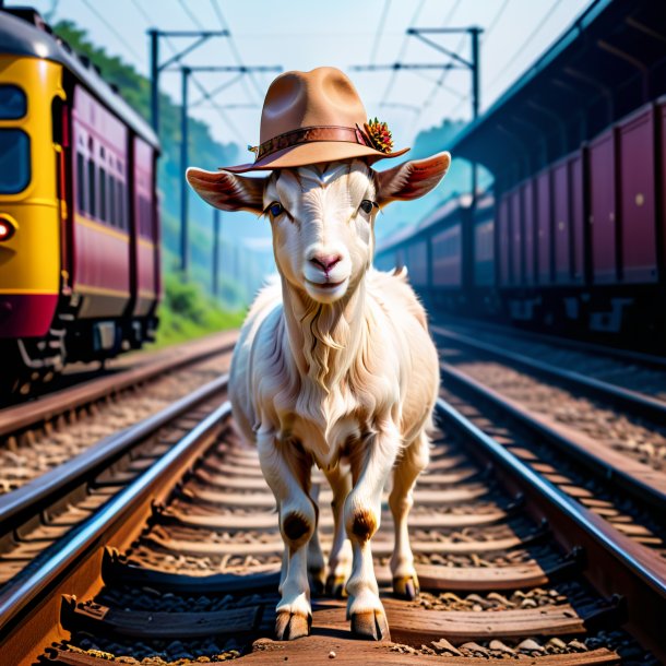 Imagem de uma cabra em um chapéu nos trilhos ferroviários