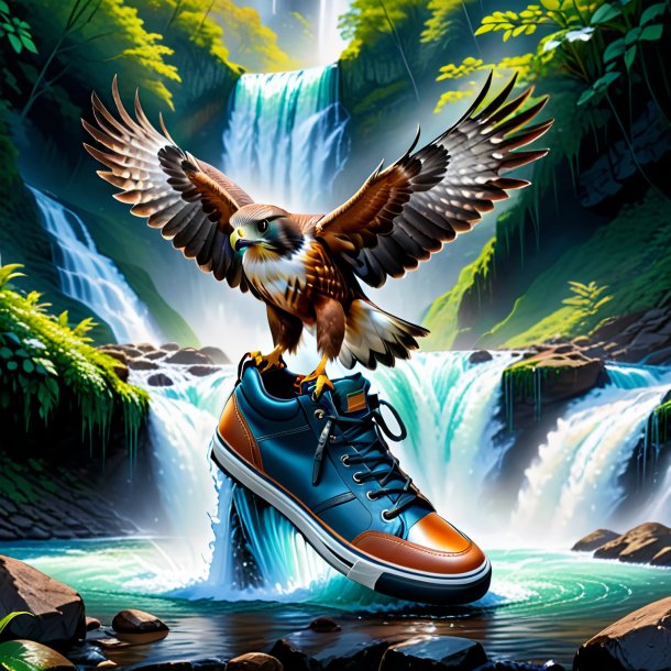 Drawing of a hawk in a shoes in the waterfall