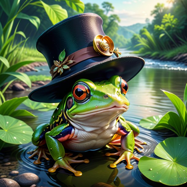 Illustration of a frog in a hat in the river