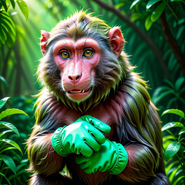 Image of a baboon in a green gloves