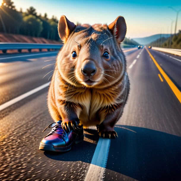 Foto de um wombat em um sapatos na estrada