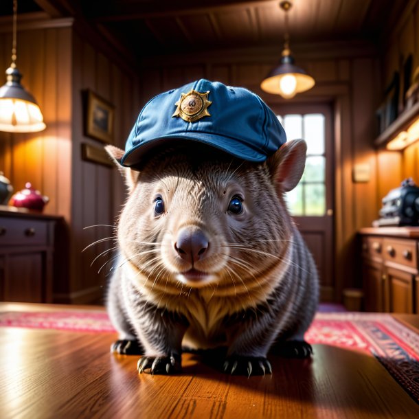 Foto de un wombat en una gorra en la casa