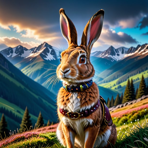 Photo of a hare in a belt in the mountains