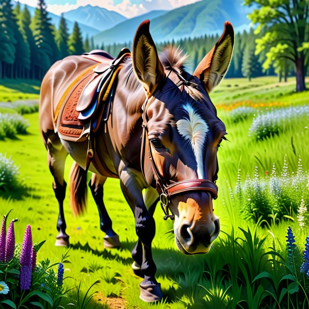 Pic d'une mule dans une chaussure dans la prairie