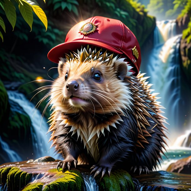 Picture of a porcupine in a cap in the waterfall