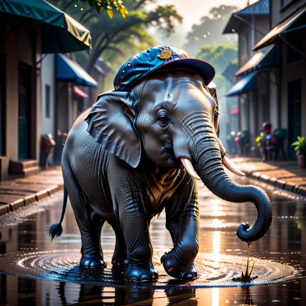 Picture of a elephant in a cap in the puddle