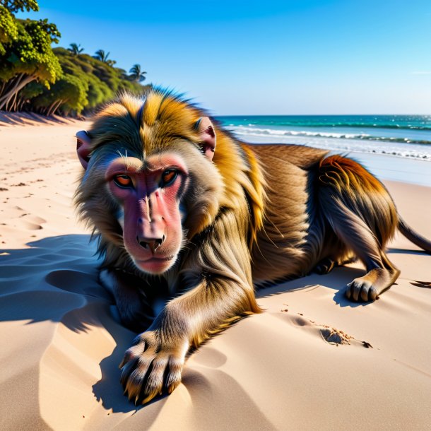 Foto de un sueño de un babuino en la playa