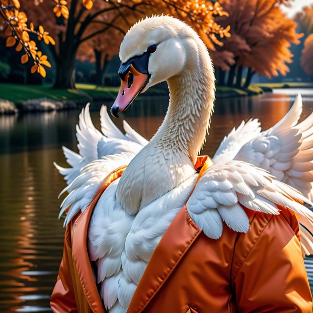 Imagem de um cisne em uma jaqueta laranja