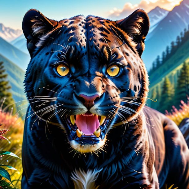 Image of a smiling of a panther in the mountains