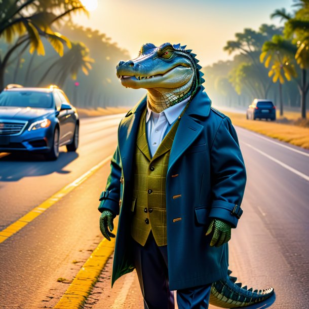 Picture of a alligator in a coat on the road