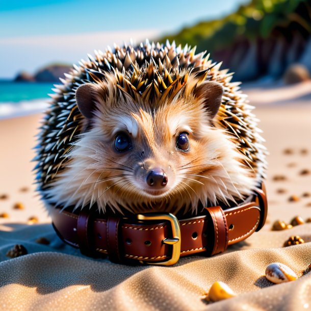 Pic of a hedgehog in a belt on the beach