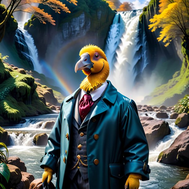 Photo of a dodo in a coat in the waterfall