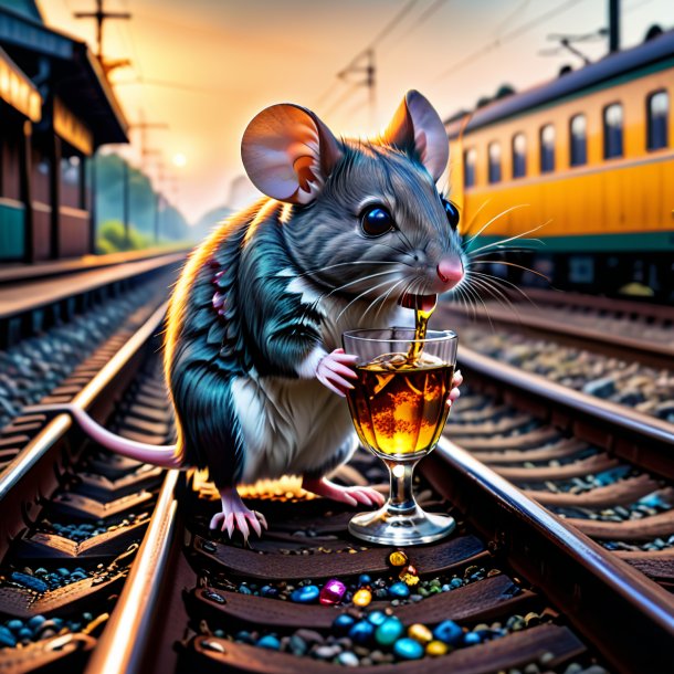 Image of a drinking of a mouse on the railway tracks