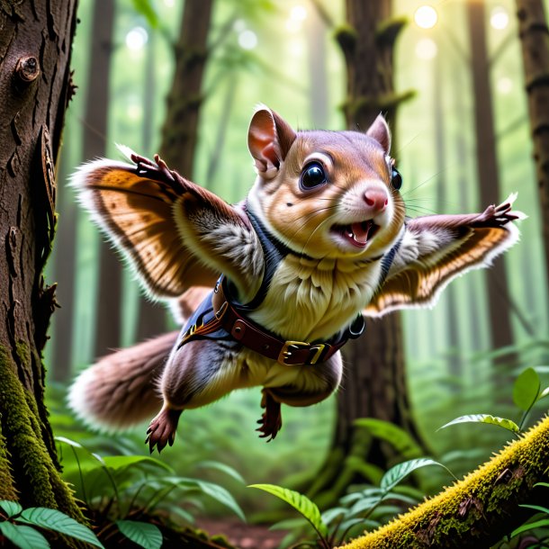 Pic of a flying squirrel in a belt in the forest