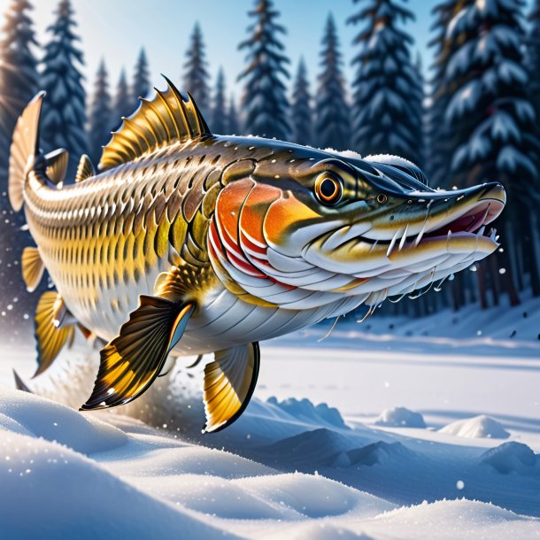 Pic of a playing of a pike in the snow