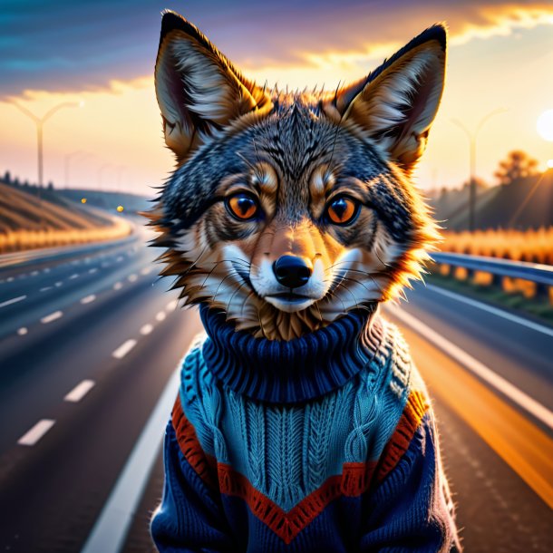 Picture of a jackal in a sweater on the highway