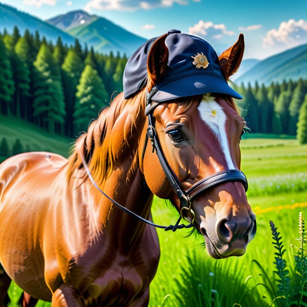 Foto de um cavalo em um boné no prado