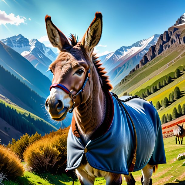 Image of a donkey in a coat in the mountains