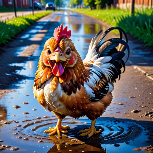 Pic of a smiling of a hen in the puddle