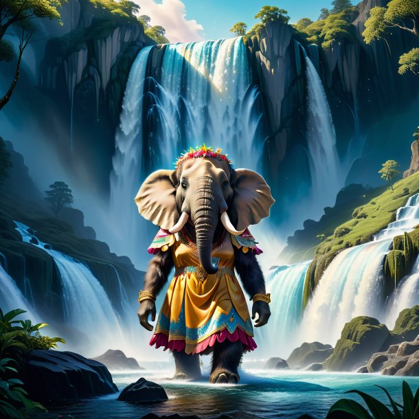 Illustration of a mammoth in a dress in the waterfall