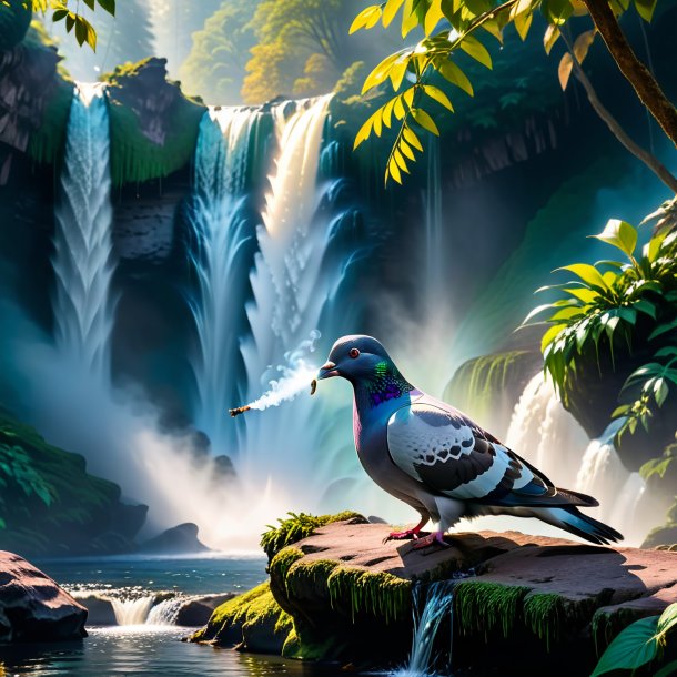 Photo of a smoking of a pigeon in the waterfall