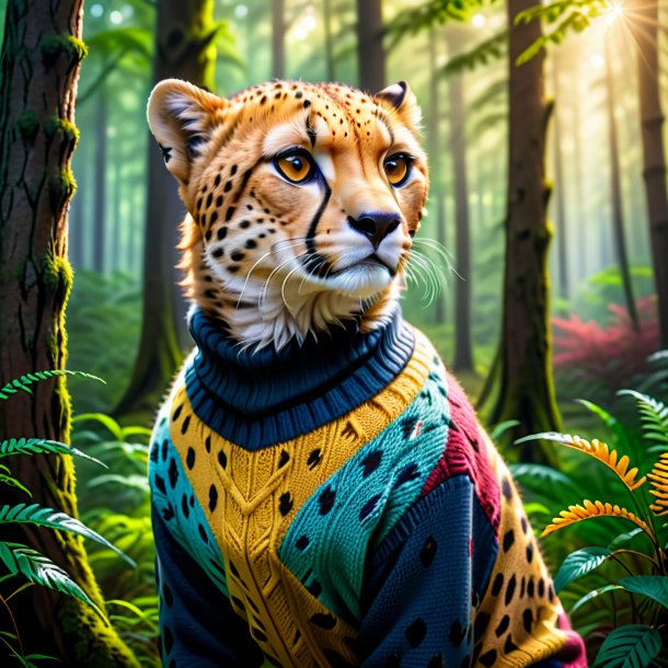 Picture of a cheetah in a sweater in the forest