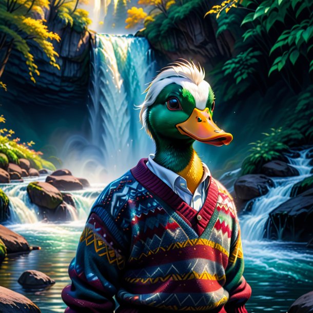 Desenho de um pato em um suéter na cachoeira