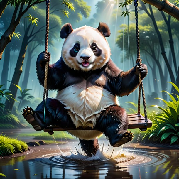 Photo of a swinging on a swing of a giant panda in the puddle