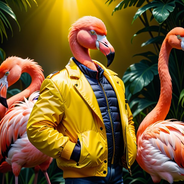 Photo of a flamingo in a yellow jacket