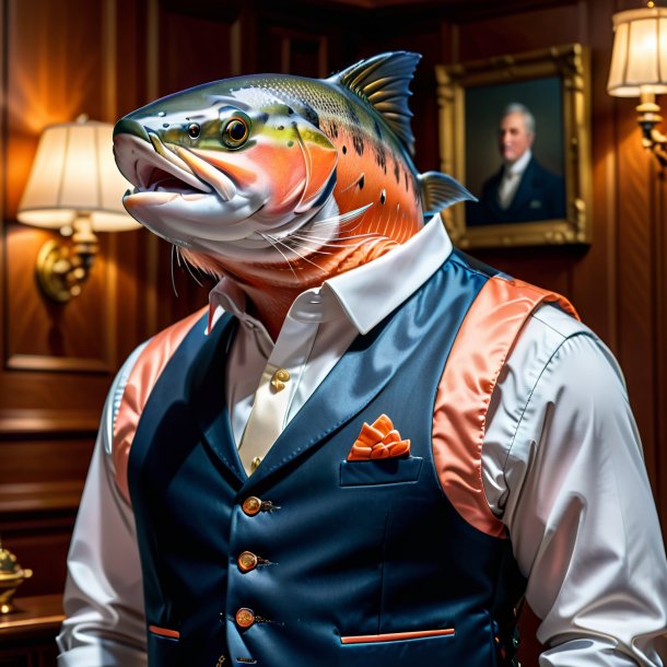 Picture of a salmon in a vest in the house