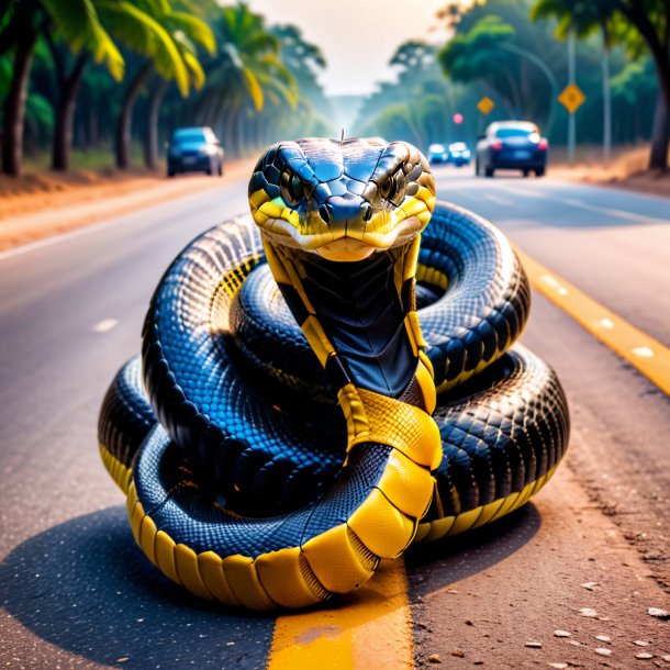 Pic of a king cobra in a gloves on the road