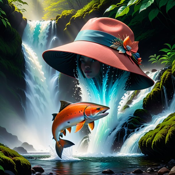 Pic of a salmon in a hat in the waterfall