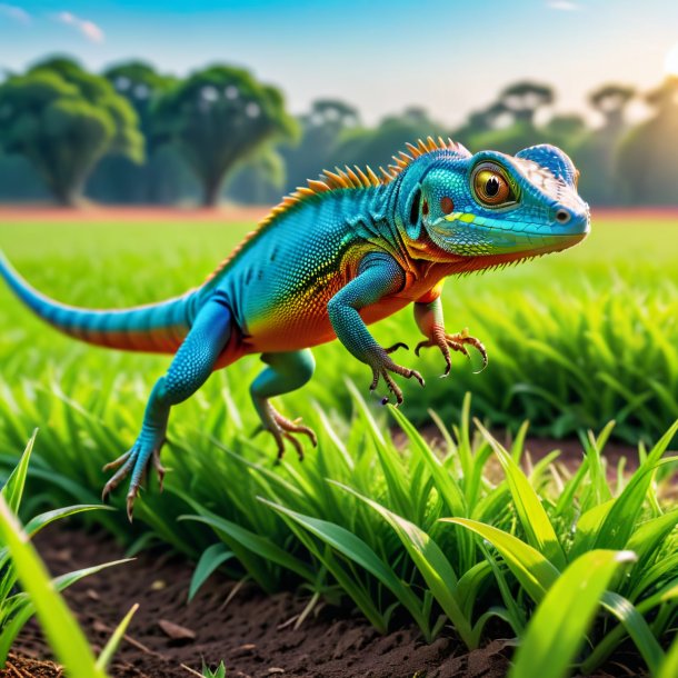 Photo of a jumping of a lizard on the field