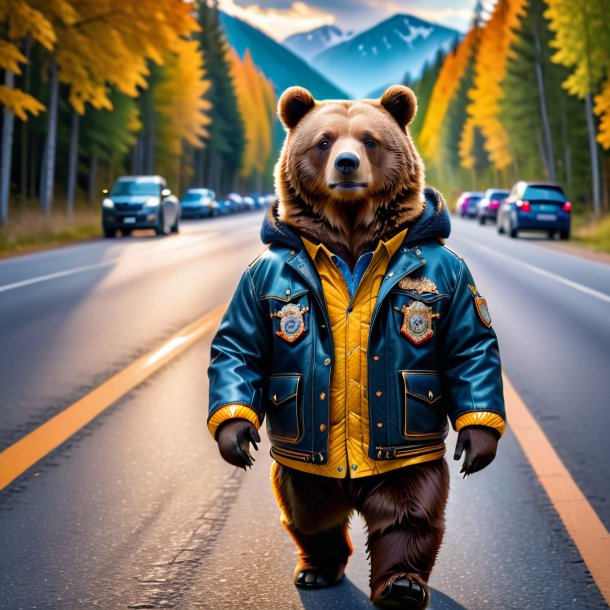 Photo of a bear in a jacket on the road