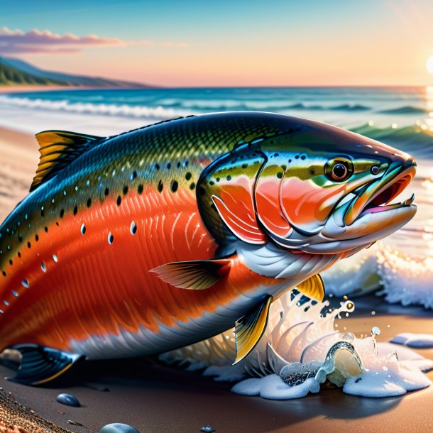 Illustration of a salmon in a vest on the beach