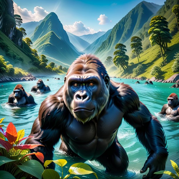 Photo of a swimming of a gorilla in the mountains