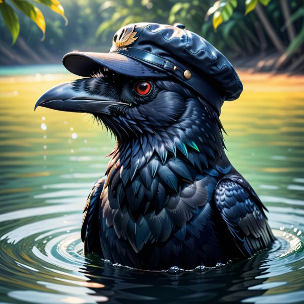 Illustration of a crow in a cap in the water