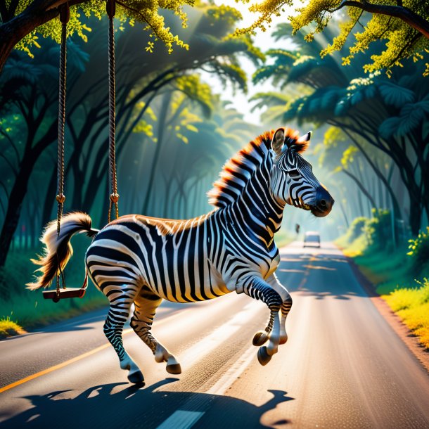 Pic of a swinging on a swing of a zebra on the road