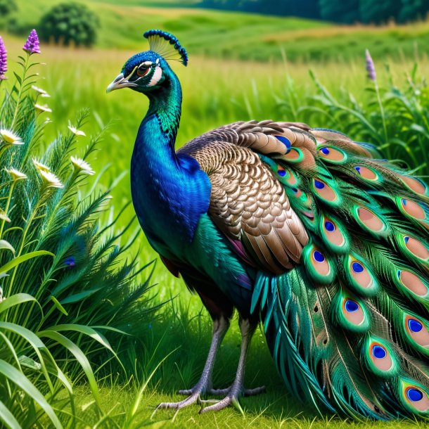 Image of a sleeping of a peacock in the meadow