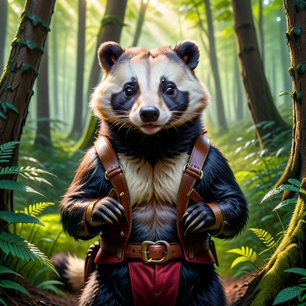 Photo of a badger in a belt in the forest