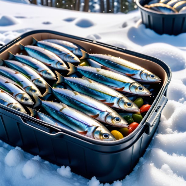 Imagen de una sardina en un abrigo en la nieve