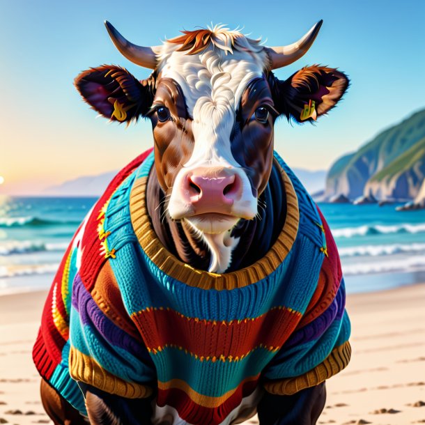 Dessin d'une vache dans un pull sur la plage