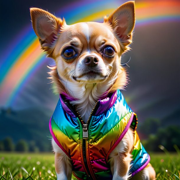 Foto de un chihuahua en un chaleco en el arco iris