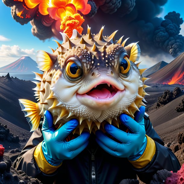 Picture of a pufferfish in a gloves in the volcano