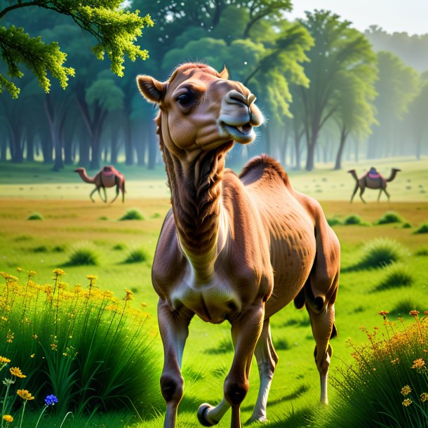 Image of a playing of a camel in the meadow