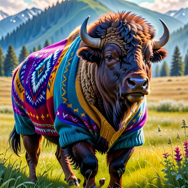 Photo of a bison in a sweater in the meadow