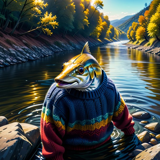 Drawing of a sardines in a sweater in the river