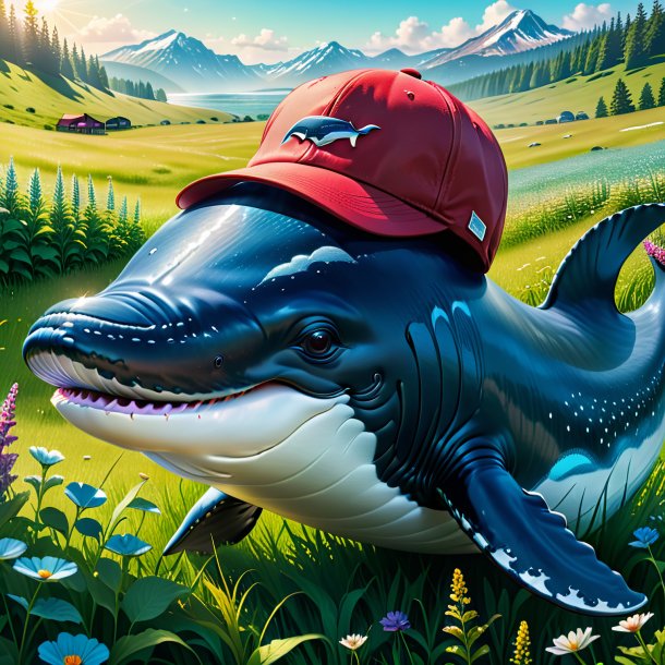 Illustration of a whale in a cap in the meadow