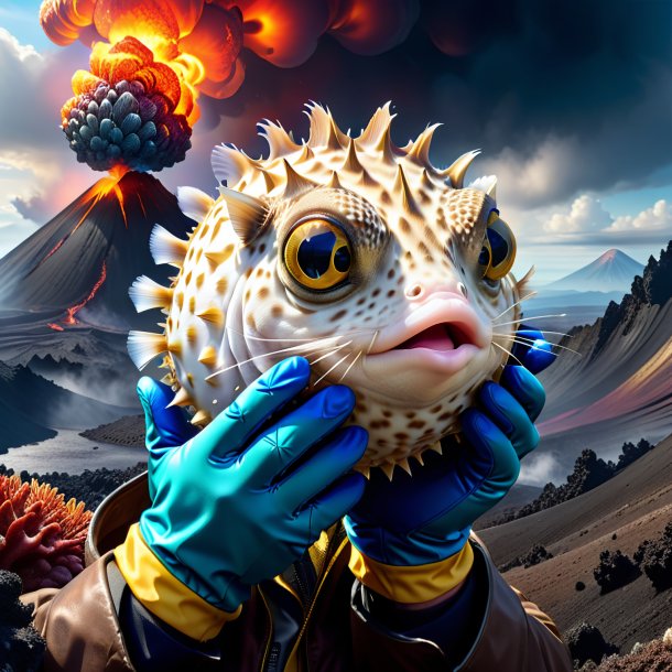 Drawing of a pufferfish in a gloves in the volcano