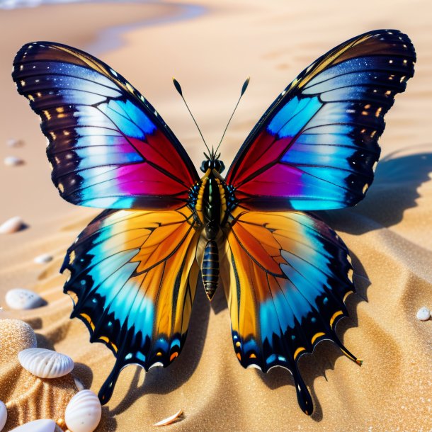 Picture of a butterfly in a vest on the beach